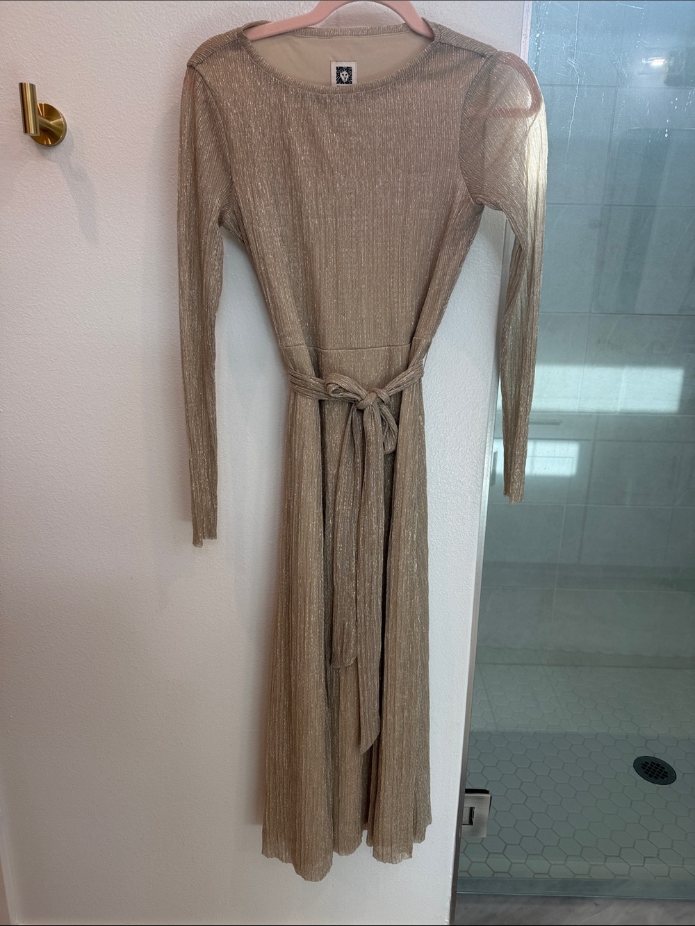 Anne Klein Metallic Champagne Long Sleeve midi Dress with Waist Tie